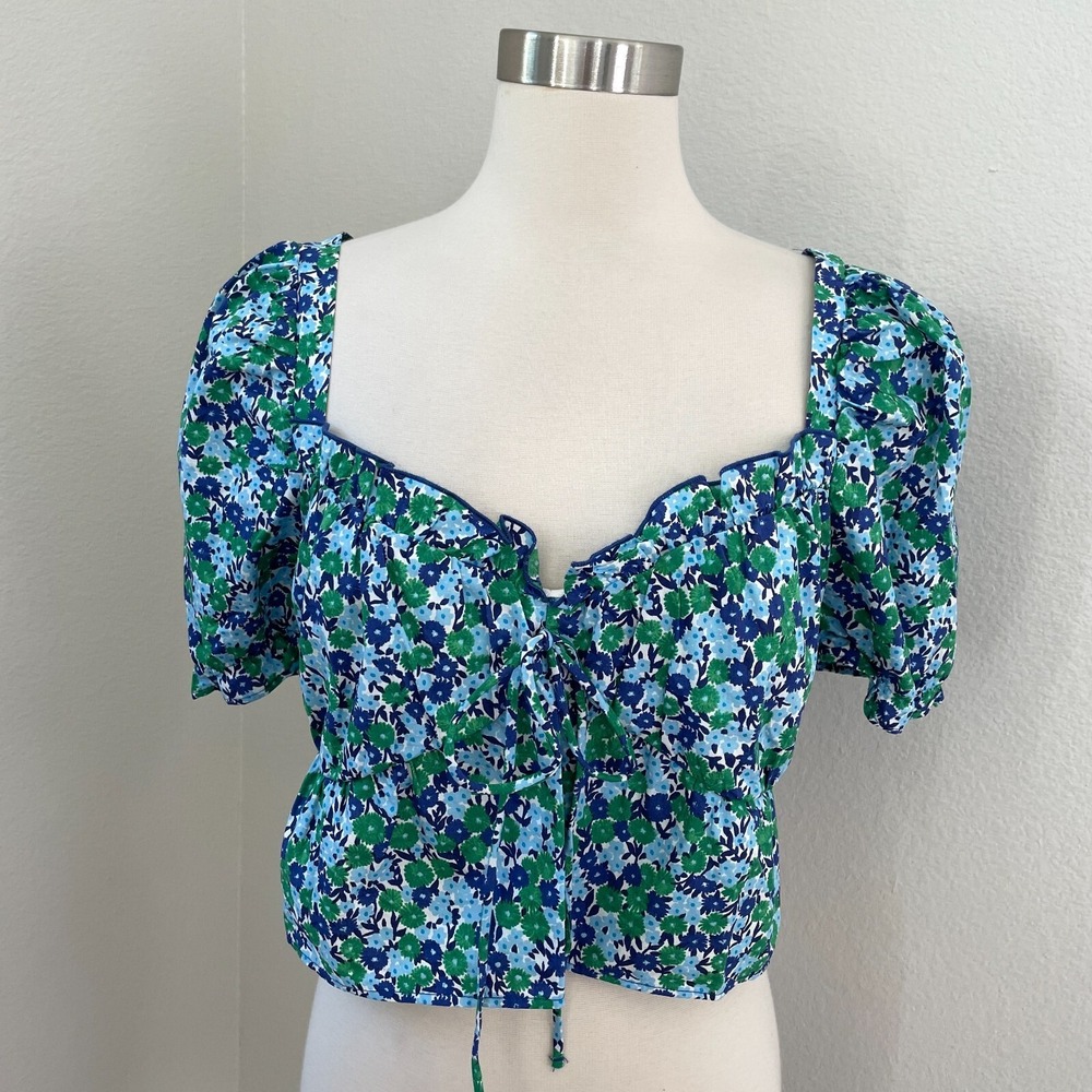 ZARA Womens Large Floral Crop Top Puff Short Sleeve Shirt 100% Cotton Blouse